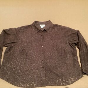 Talbots Burnout Lace Blouse Brown 20 Women Petite Sheer Button Front Fitted Back